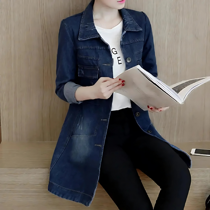 Casual lange spijkerjas voor dames, met unieke borduurdetails, een modieuze en comfortabele trenchcoat.