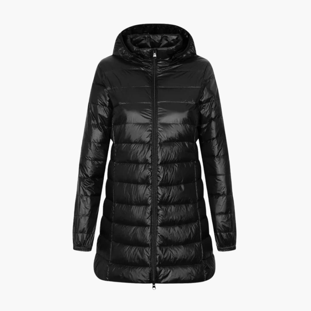 Lange dames winter donsjack met capuchon, perfect voor koude dagen. Warm en stijlvol, verkrijgbaar in diverse maten.