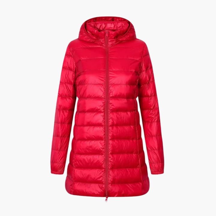 Trendy dames winter donsjack, lange snit, met capuchon. Warm en comfortabel, perfect voor winterse omstandigheden.