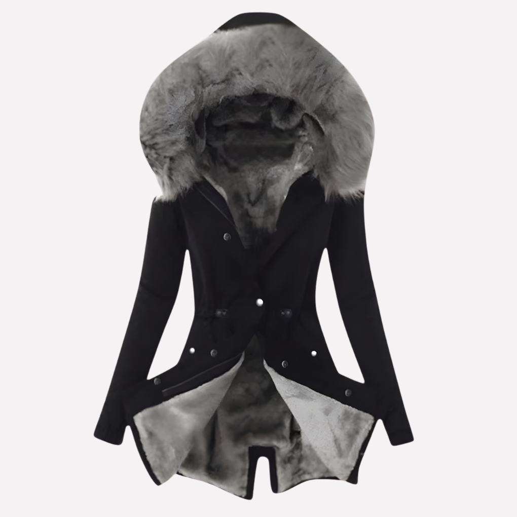 Lange dames winterjas met warme capuchon, verkrijgbaar in zwart, beige en groen. Ideale elegante winterkleding.
