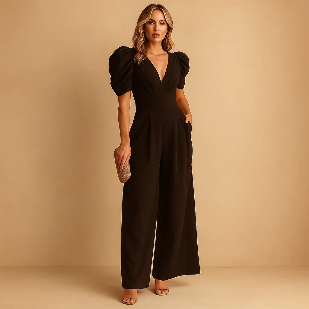 Zwarte dames jumpsuit met V-hals en pofmouwen, ideaal voor formele avonden