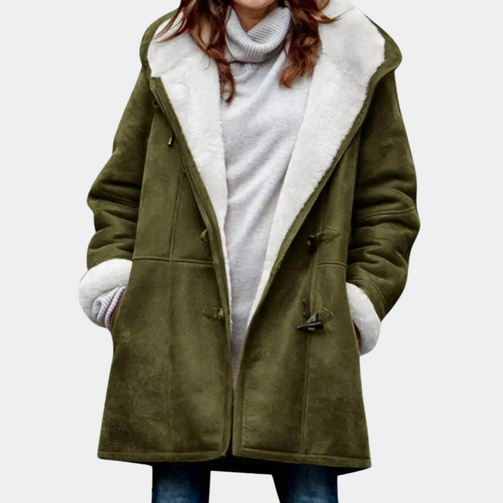Lange rode winterjas met capuchon voor dames, warm, modieus, ideaal voor koude dagen, stijlvolle keuze.