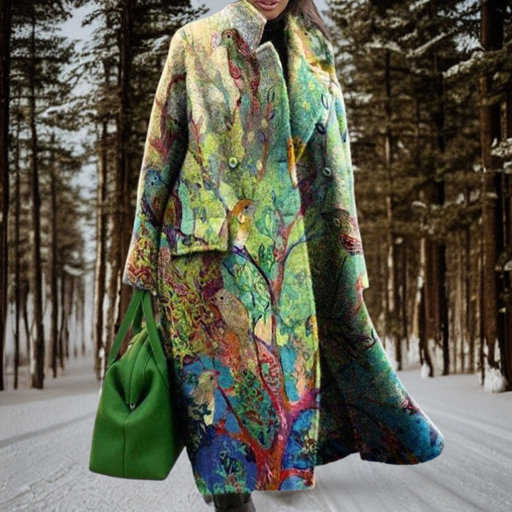 Groene stijlvolle lange dames winterjas Sofia, gewatteerd voor ultiem comfort en warmte.