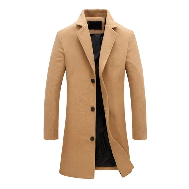 Lange winterjas heren, elegant ontwerp, hoge kraag, zacht gevoerd, beschikbaar in beige, lichtgrijs, zwart, modern.