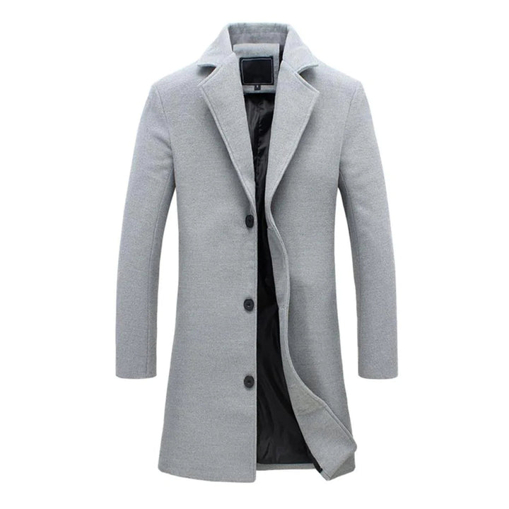 Lange winterjas heren, elegant ontwerp, hoge kraag, zacht gevoerd, beschikbaar in beige, lichtgrijs, zwart, modern.