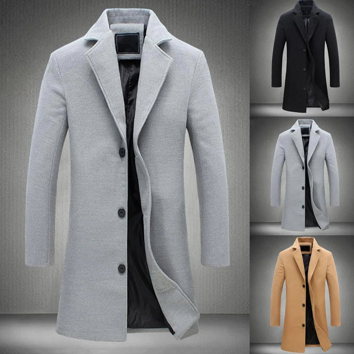 Lange winterjas heren, elegant ontwerp, hoge kraag, zacht gevoerd, beschikbaar in beige, lichtgrijs, zwart, modern.