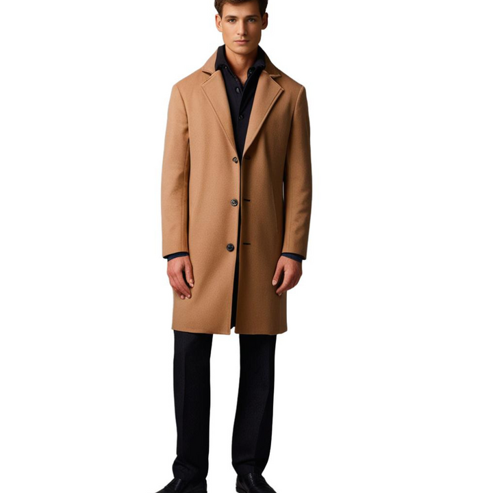 Lange winterjas heren, elegant ontwerp, hoge kraag, zacht gevoerd, beschikbaar in beige, lichtgrijs, zwart, modern.