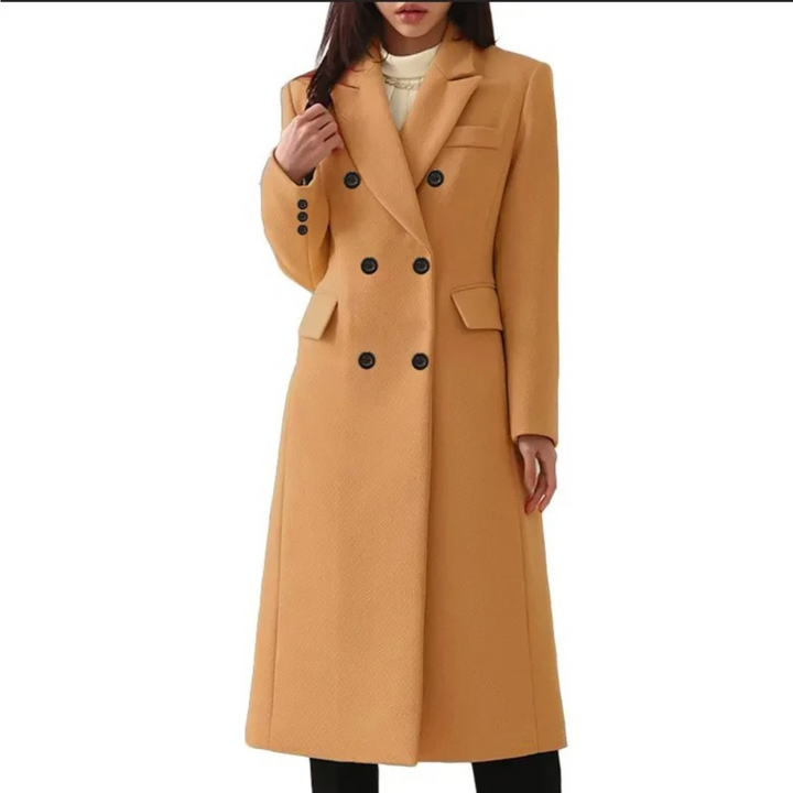 Lange wollen damesjas met elegante dubbele kraag, perfect voor winterse dagen. Tijdloze mode voor vrouwen.