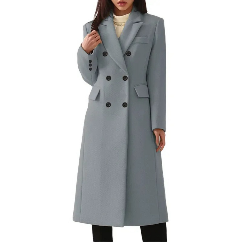 Elegante lange wollen manteljas voor dames, met stijlvolle dubbele kraag. Klassieke wintermode en bovenkleding.