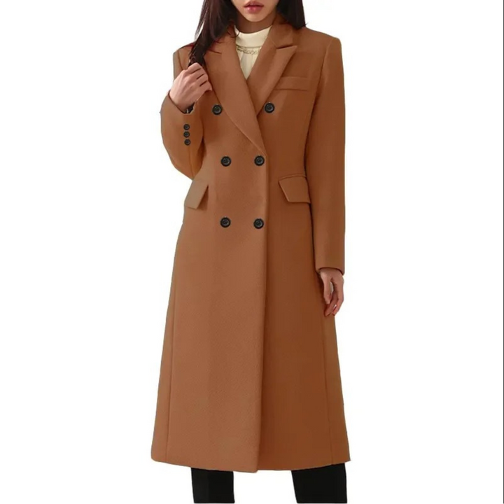 Warme lange wollen dames winterjas met chique dubbele kraag. Essentiële bovenkleding voor koude winterdagen.