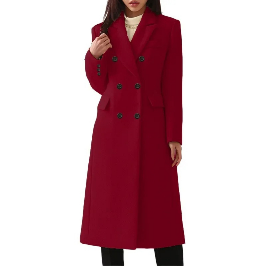 Tijdloze lange wollen manteljas voor vrouwen, voorzien van een elegante dubbele kraag. Stijlvolle damesmode.