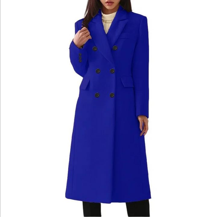 Lange wollen damesjas Elise, met een verfijnde dubbele kraag. Comfortabele en elegante winterkleding voor vrouwen.