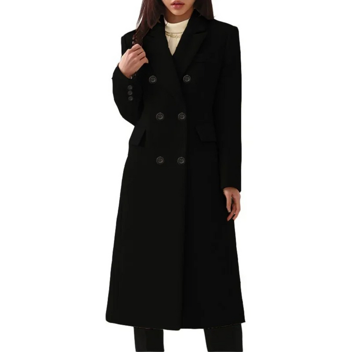Chique lange wollen dames winterjas met dubbele kraag. Elegante manteljas en tijdloze bovenkleding voor vrouwen.