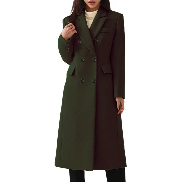 Dames lange wollen jas Elise met elegante dubbele kraag. Ideale en warme manteljas voor winterse damesmode.