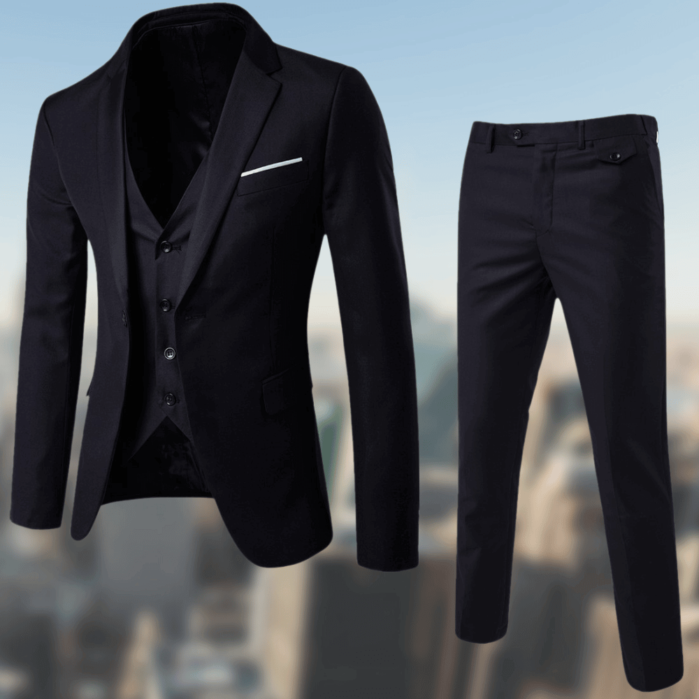 Zwart driedelig herenpak met colbert, vest en broek