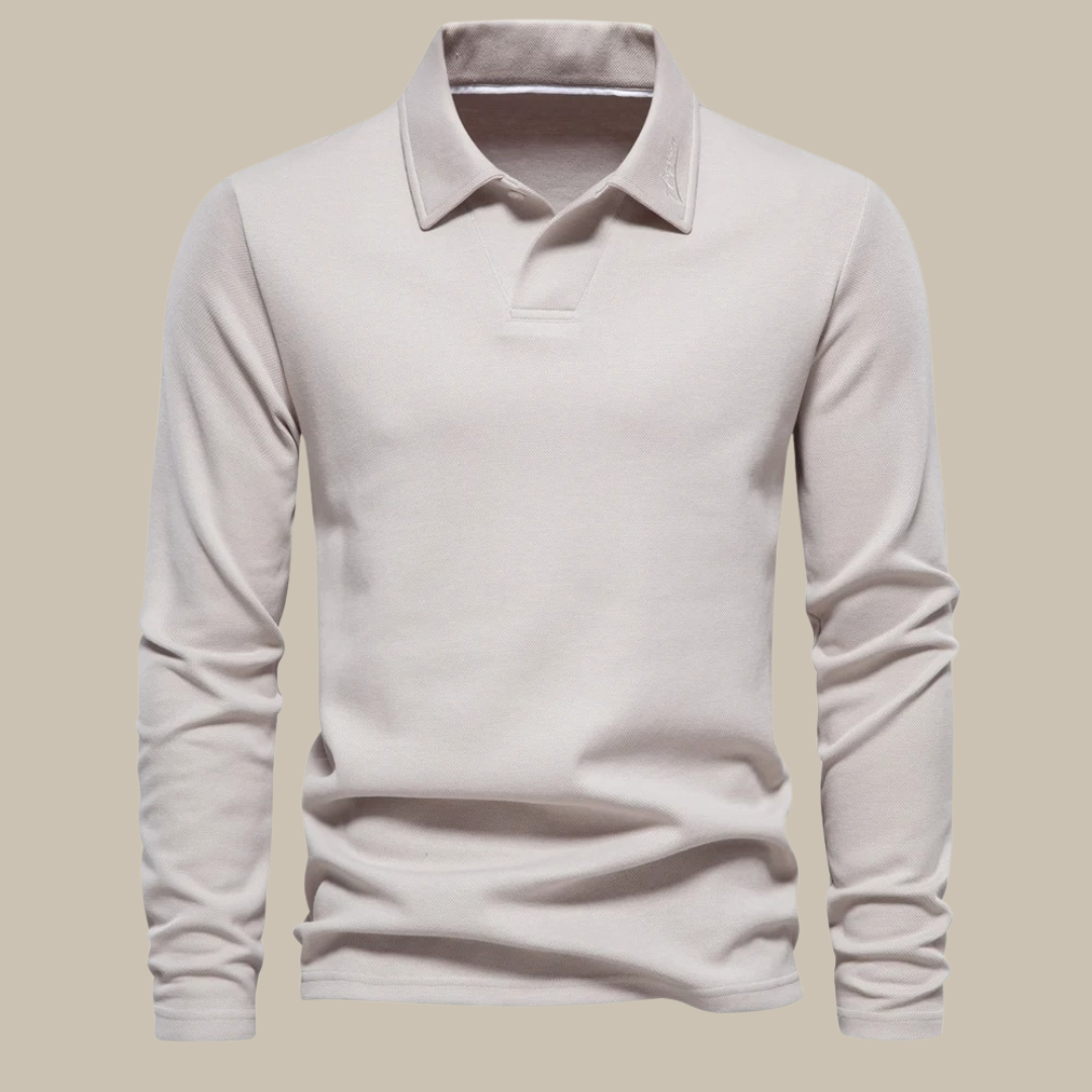 Stijlvolle beige heren polo met lange mouwen en kraag