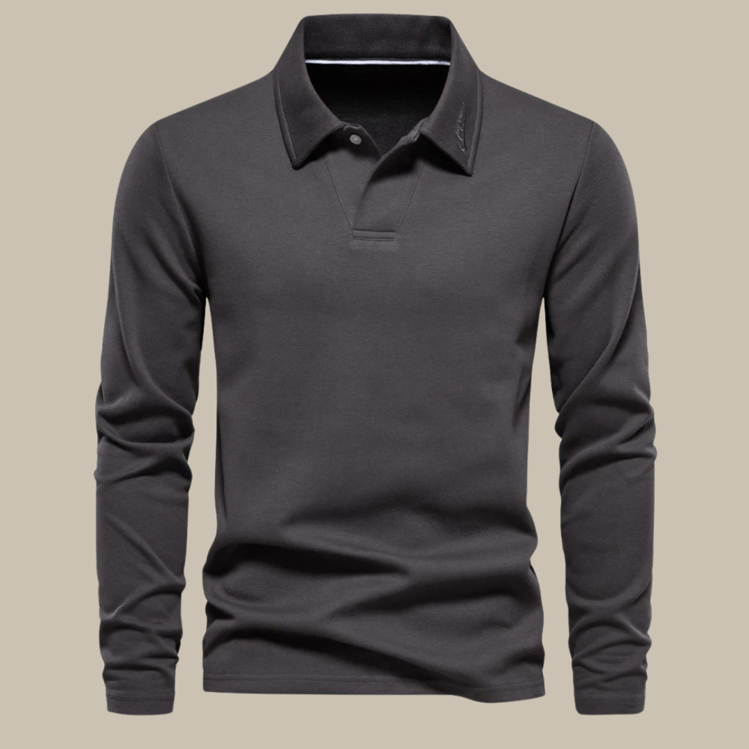 Donkergrijze heren polo met lange mouwen en knoopsluiting