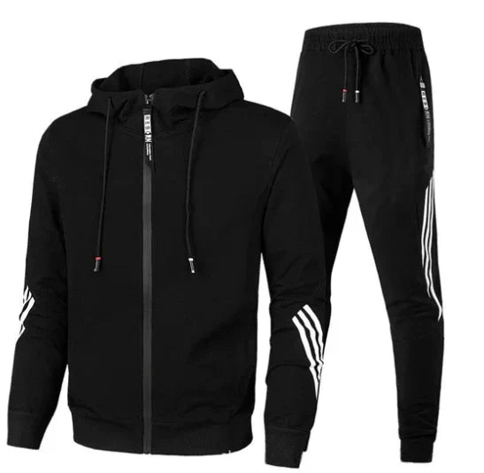Zwart heren trainingspak met witte strepen op mouwen en broek