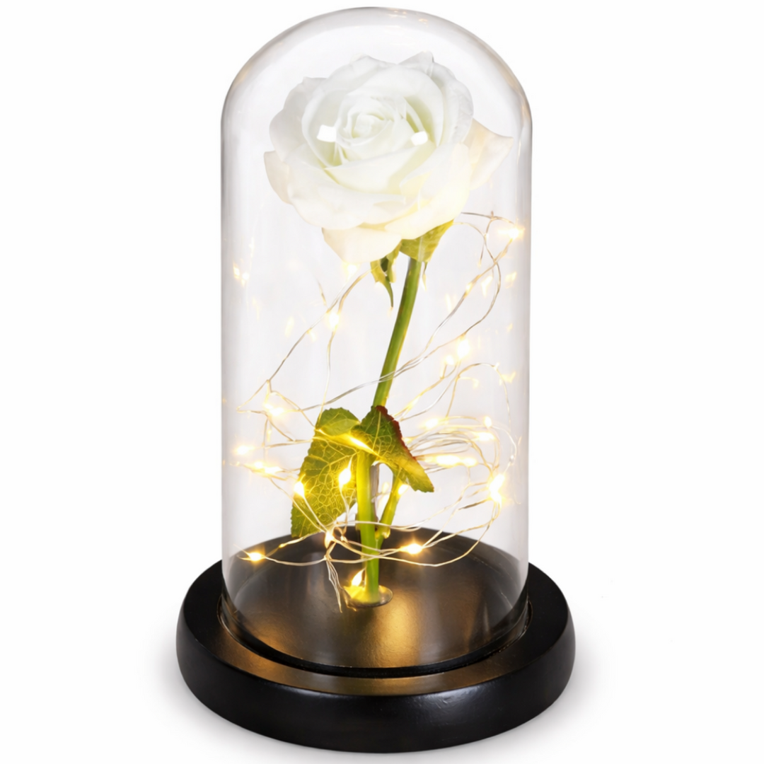 LED Eeuwige Roos in glazen stolp, een romantisch cadeau en sfeerlicht voor Valentijnsdag of jubileum.