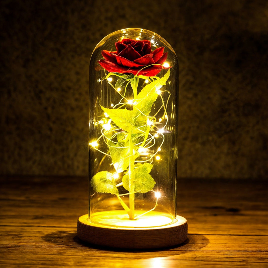 Decoratieve eeuwige roos met warme LED verlichting onder glazen stolp, ideaal als Moederdag- of verjaardagscadeau.