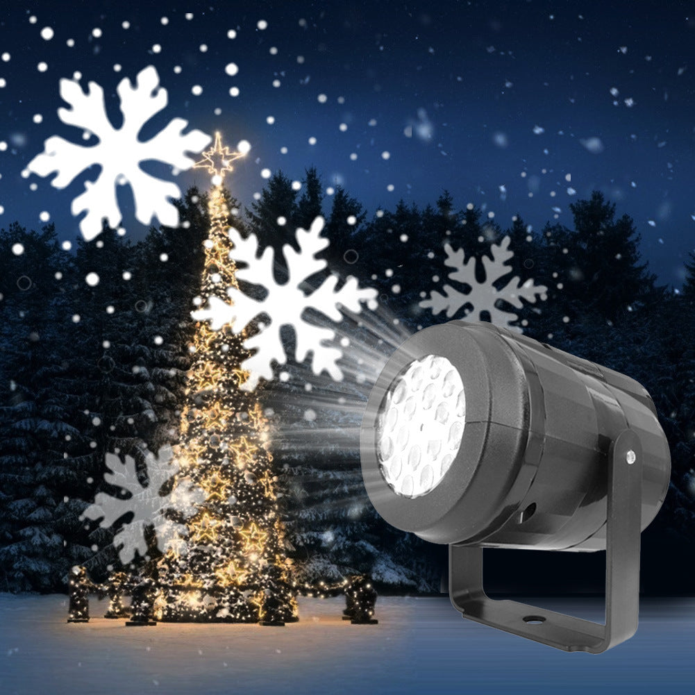 Detail van LED kerst projectorlamp; duurzame techniek voor heldere, bewegende sneeuwvlokken lichtshow.