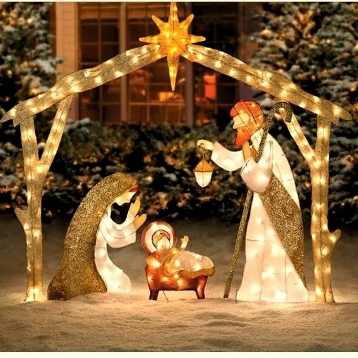 LED-verlicht Kerst Tuin Ornament Heilige Familie, weerbestendig voor sfeervolle buiten decoratie.