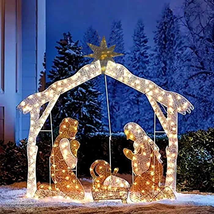 Weerbestendig kerstbeeld van de Heilige Familie met LED-verlichting voor uw tuin.