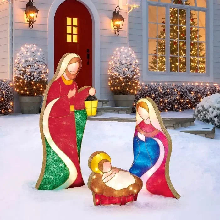 Majestueus LED Heilige Familie tuinornament als stralend middelpunt van uw kerstdecoratie.