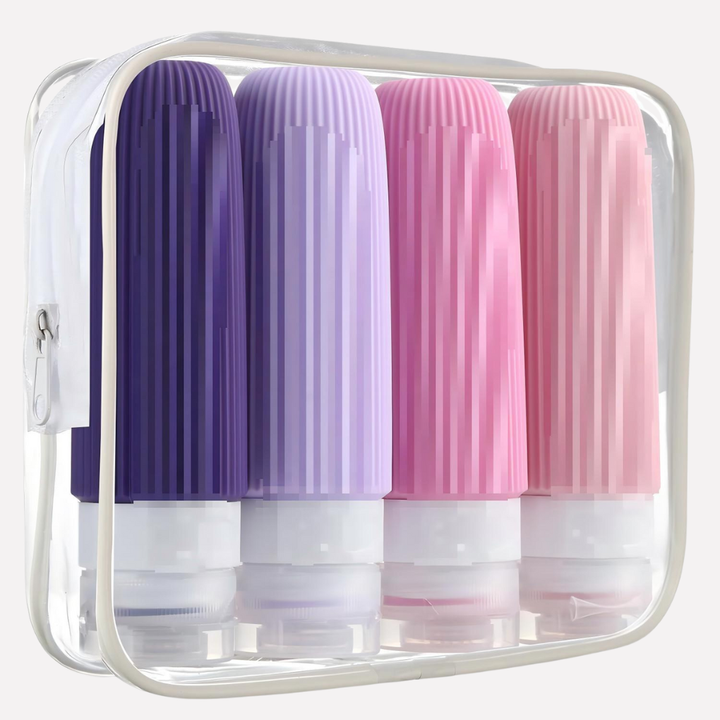 Lekvrije siliconen reis toiletflessen set, navulbaar en TSA-goedgekeurd voor handbagage met shampoo en lotion.