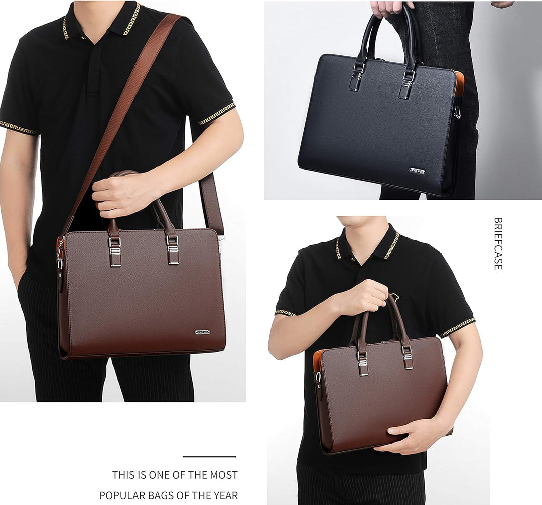 Echt lederen business laptoptas met comfortabele handvatten en afneembare schouderriem.