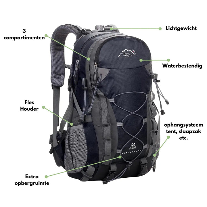 Groene ExplorerMax 40 liter outdoor rugzak, ideaal voor kamperen, reizen en avontuurlijke tochten.