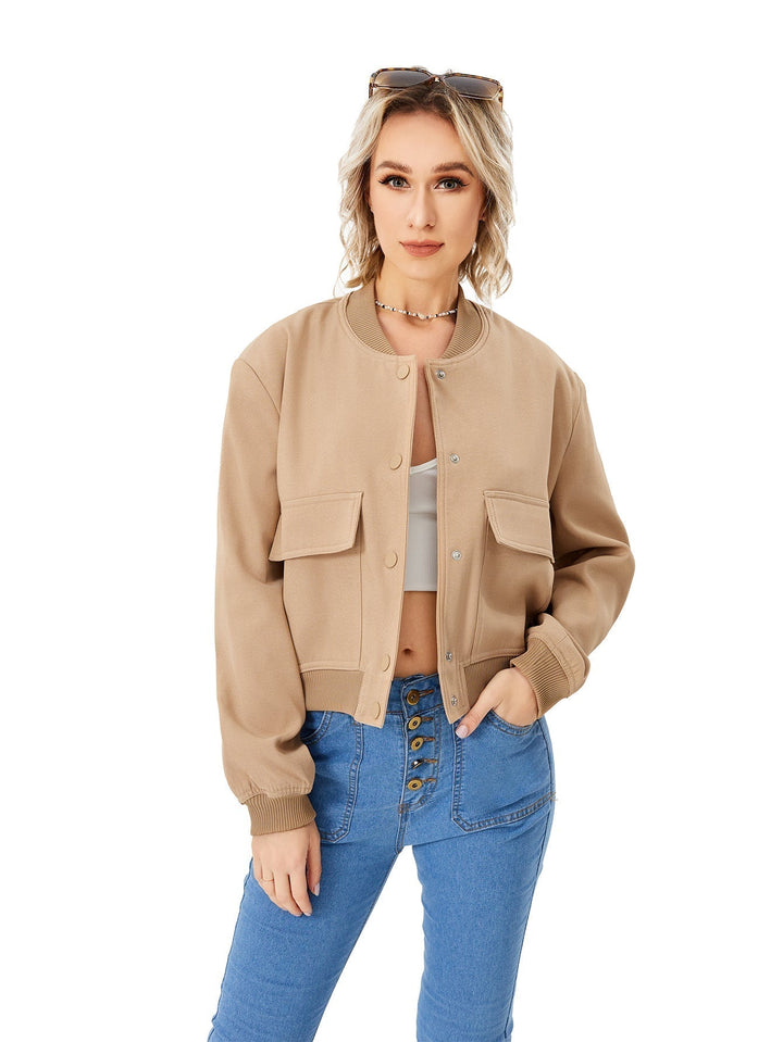 Trendy dames bomberjack met knoopjes, ideaal voor zomer en lente, verkrijgbaar in donkerblauw.