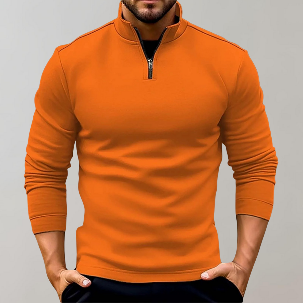"Lichte heren zomertrui met rits, verkrijgbaar in marineblauw, oranje, zwart en wit, moderne stijlvolle look."