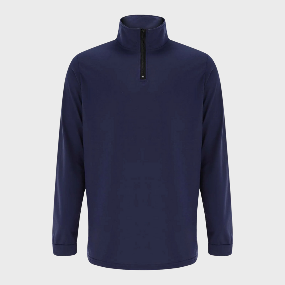 "Lichte heren zomertrui met rits, verkrijgbaar in marineblauw, oranje, zwart en wit, moderne stijlvolle look."
