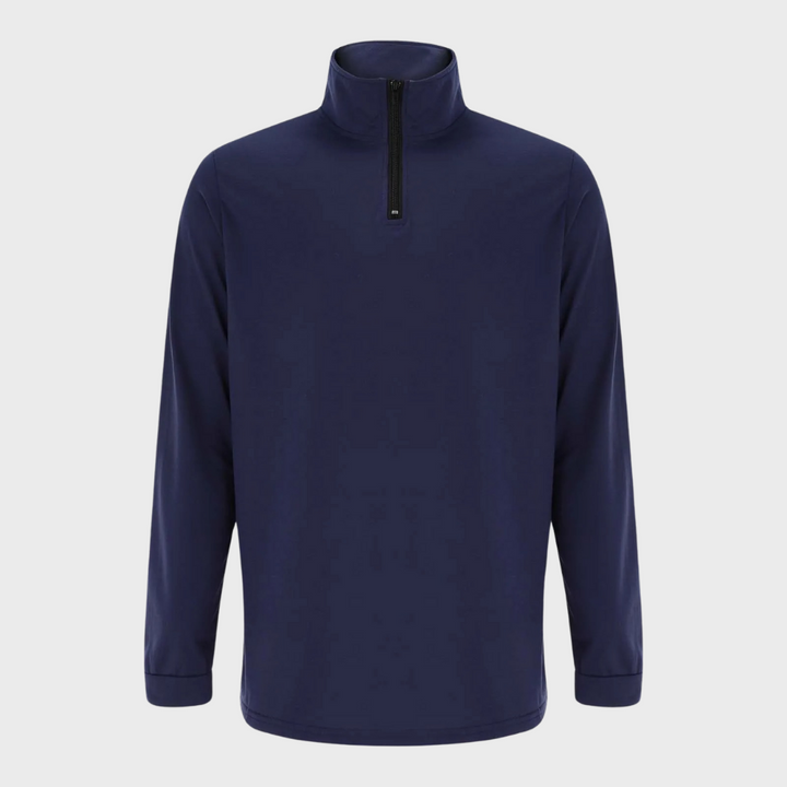 "Lichte heren zomertrui met rits, verkrijgbaar in marineblauw, oranje, zwart en wit, moderne stijlvolle look."