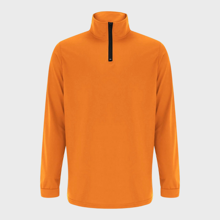 "Lichte heren zomertrui met rits, verkrijgbaar in marineblauw, oranje, zwart en wit, moderne stijlvolle look."
