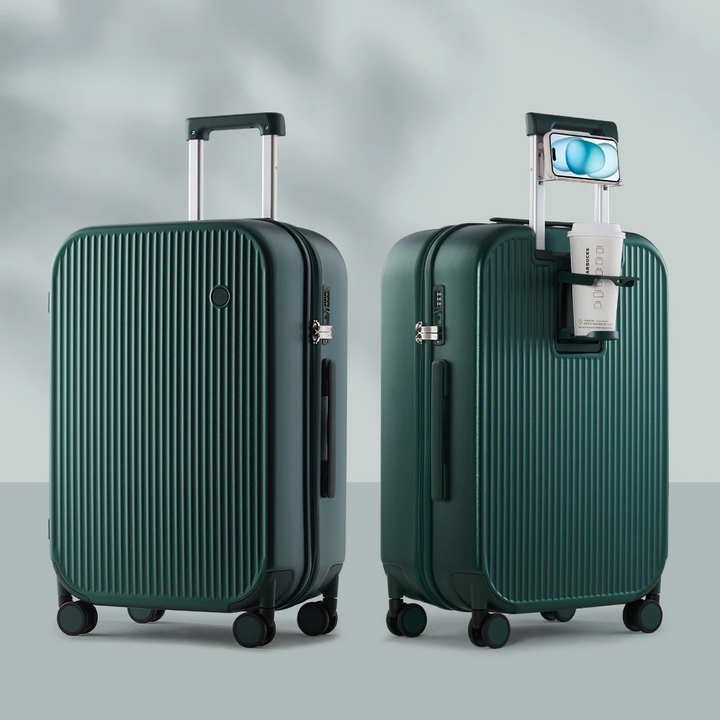 De robuuste reiskoffer Lyon in hardschaal design met praktische bekerhouder en soepele wielen voor comfortabel reizen.