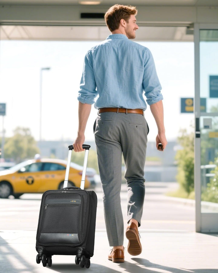 Softside handbagage koffer met wieltjes, geschikt als airline approved reisaccessoire voor vliegreizen.