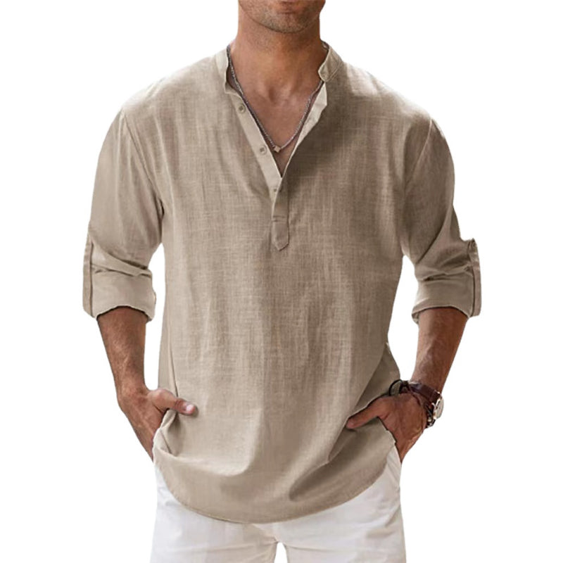 Lichtgewicht heren Henley overhemd met lange mouwen, ideaal als comfortabel zomershirt voor lente en zomer.