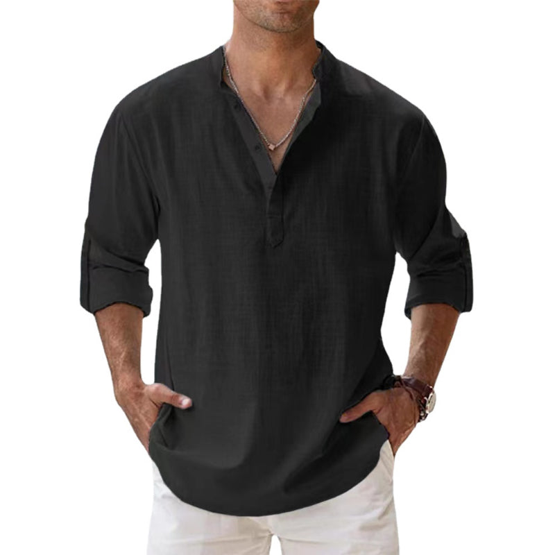Wit heren Henley shirt met knoopsluiting. Een casual lange mouw overhemd perfect voor strandkleding en vrije tijd.