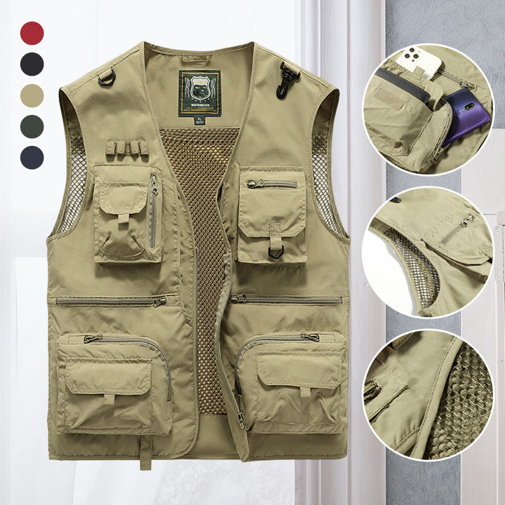 Ademend heren functioneel vest voor vissen en camping, met veel opbergruimte.