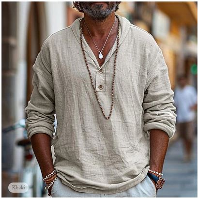 Lichtgrijs linnen heren Henley-shirt 'Jonas' met korte mouwen, perfect voor zomerse dagen en casual comfort.