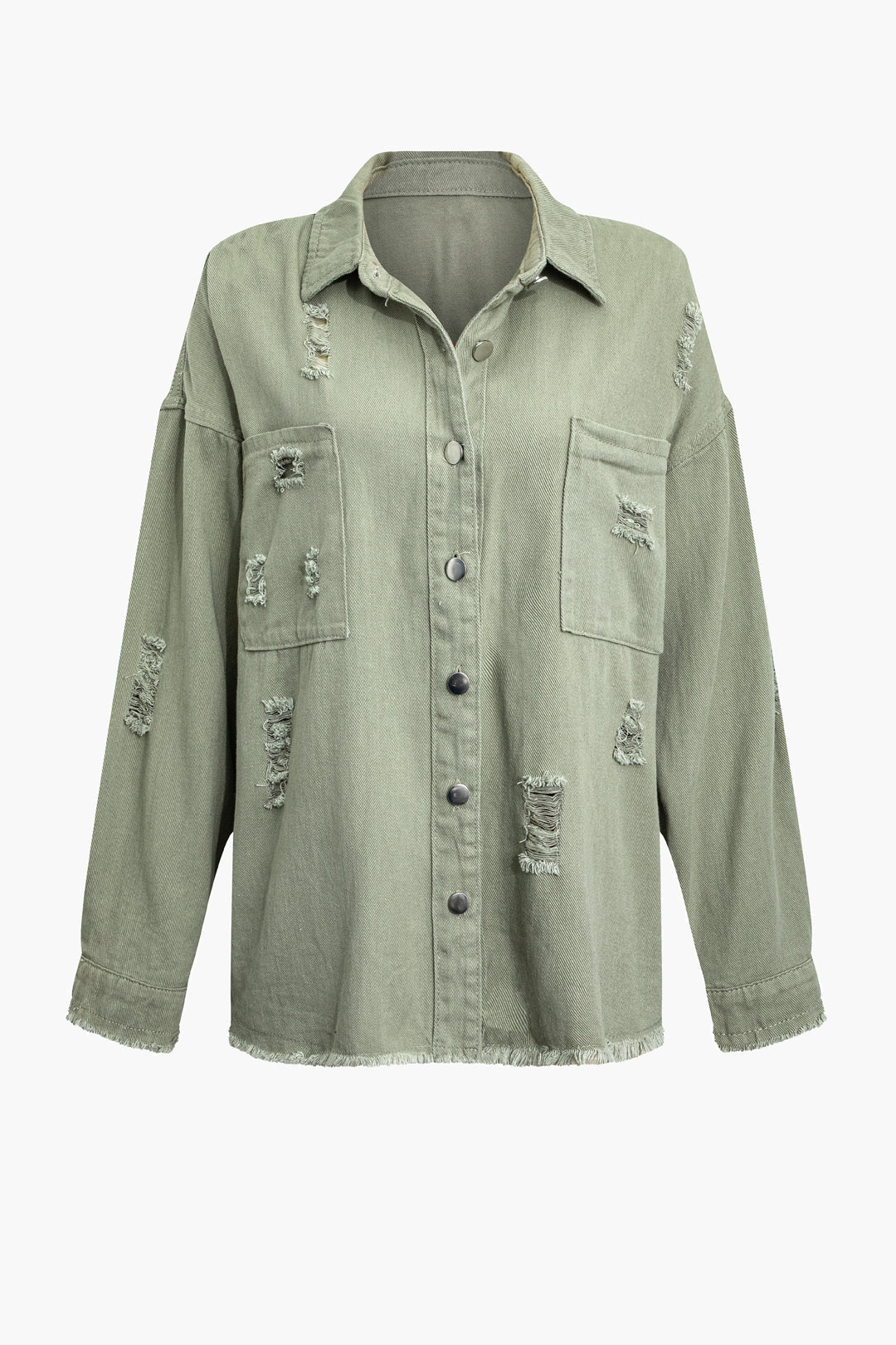 Trendy lichtgroen dames spijkerjack, oversized met gescheurde details. Creëer een rebelse, stijlvolle look.