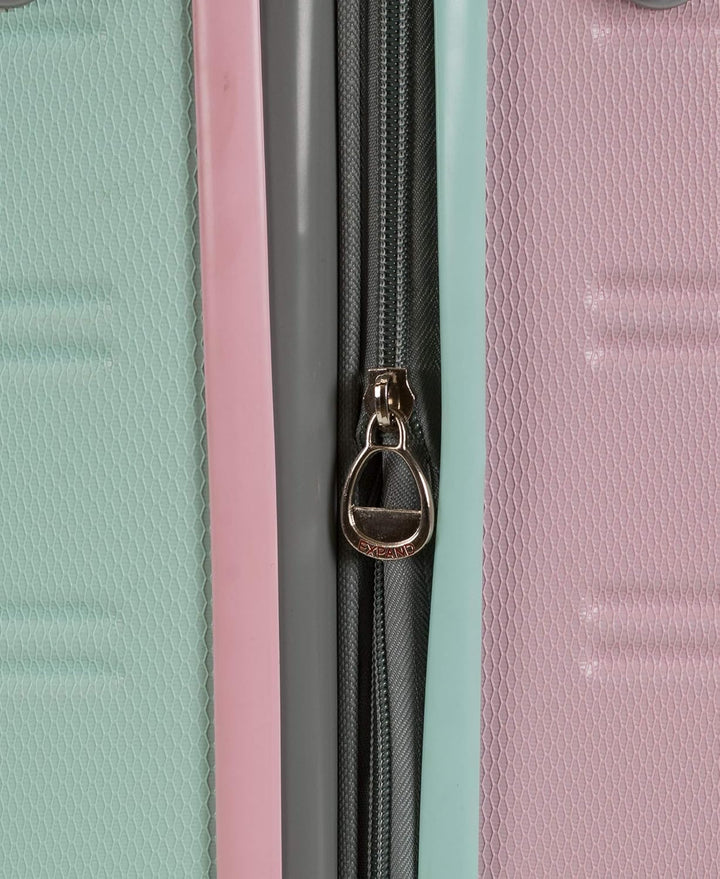 Suikerspinroze lichtgewicht handbagage koffer, uitbreidbaar en met soepele spinnerwielen voor reizigers.