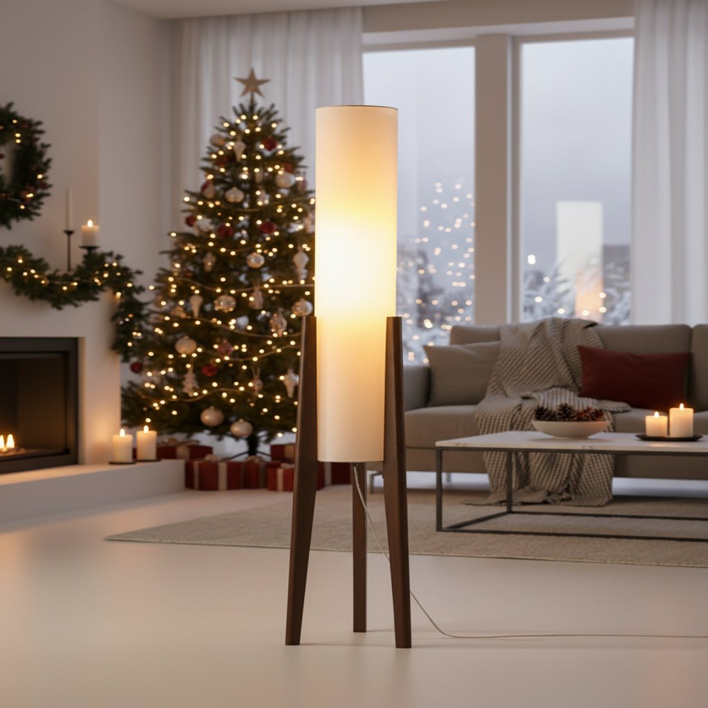 LIGNELUX Scandinavische vloerlamp van walnotenhout met dimbare LED; modern design voor woonkamer sfeerverlichting.