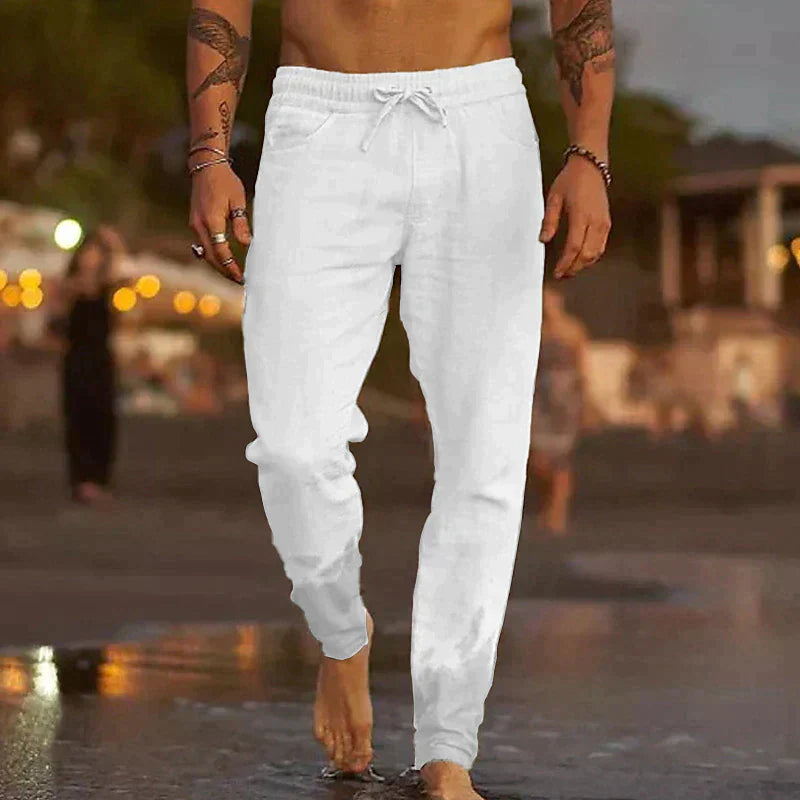 "Linnen broek heren donkerblauw, ademend en stijlvol, perfect voor zomerdagen, verkrijgbaar in diverse kleuren."