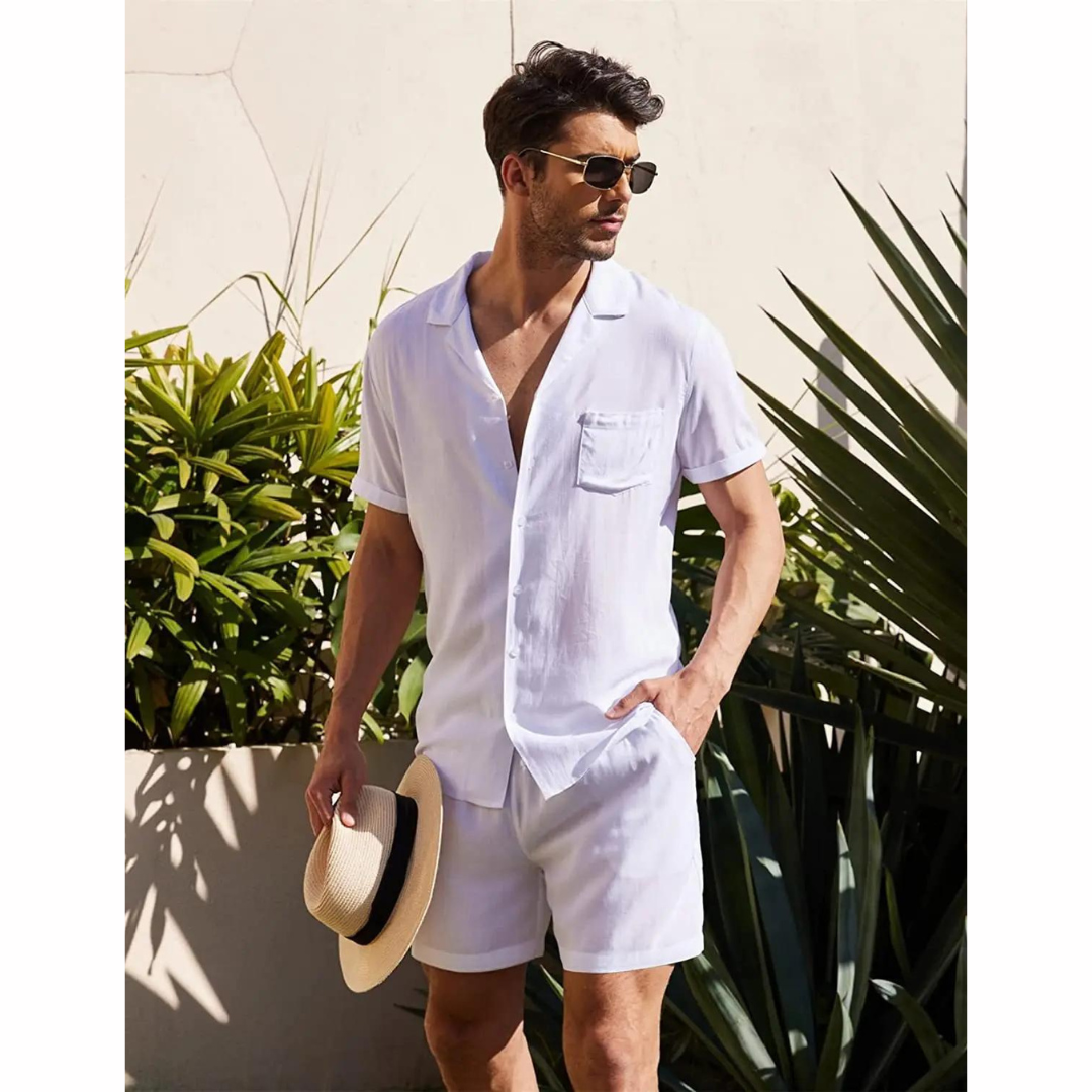 Linnen heren zomerset Jairo, tweedelig en comfortabel, ideaal voor vakantie en strandkleding.