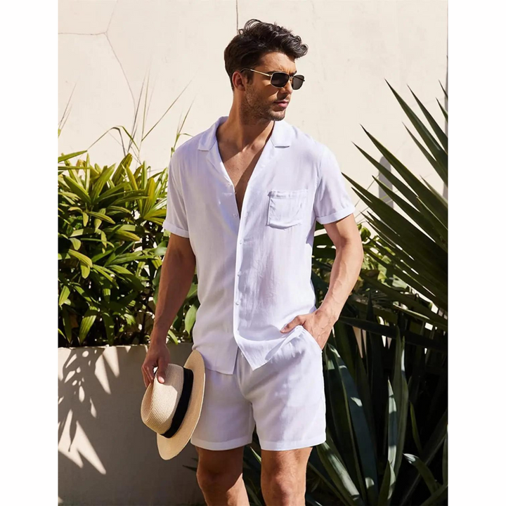 Linnen heren zomerset Jairo, tweedelig en comfortabel, ideaal voor vakantie en strandkleding.