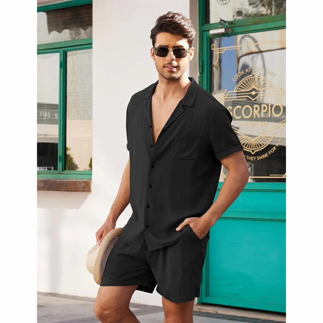 Ademend linnen overhemd voor heren, onderdeel van de Jairo tweedelige zomerset, perfect voor warm weer.