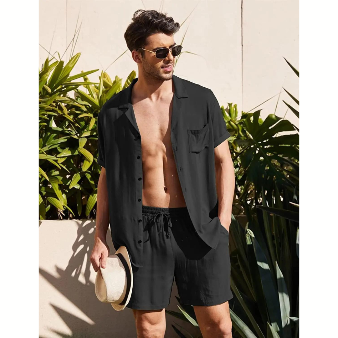 Detail van de ademende linnen stof van de Jairo heren zomerset, ideaal voor comfort en warm weer.